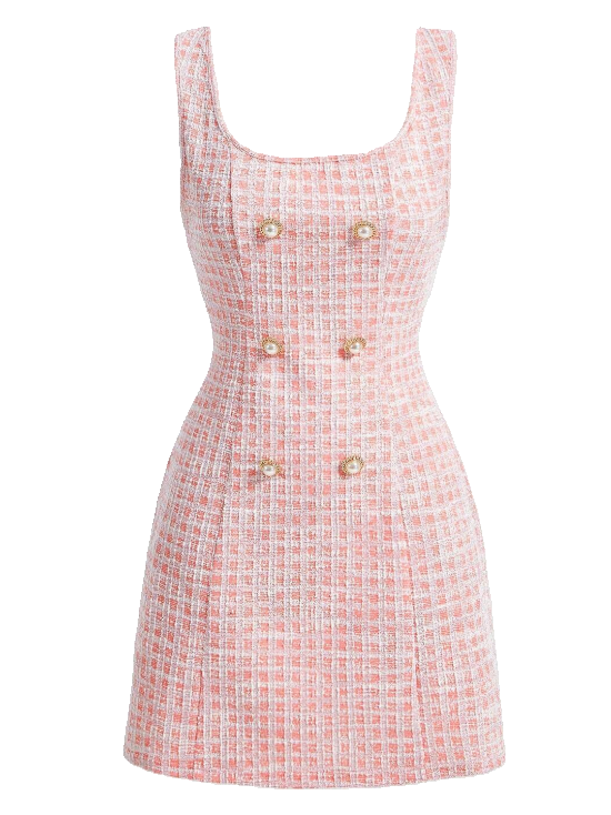 A-Line Sleeveless Tweed Double-Breasted Gold Buttons Mini Dress