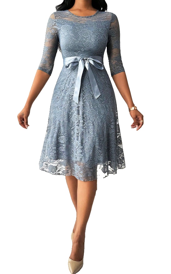 Lace Cocktail Dress A-Line 3/4 Sleeve Knee Length with Satin Bow Belt Dress