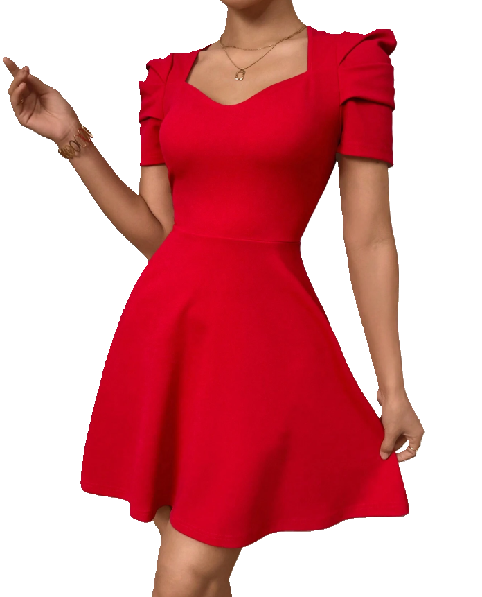 Vintage Style Sweetheart Neck Dress Puff Sleeve A-Line Fit Mini Length Dress
