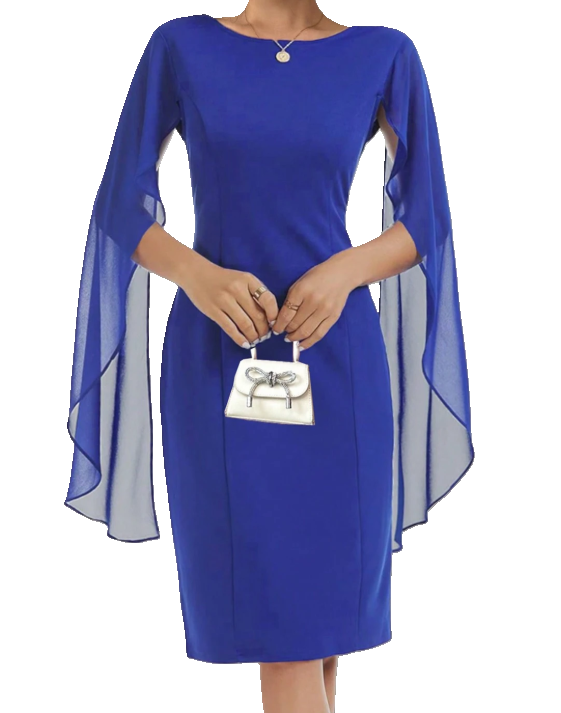 Elegant Royal Blue Cocktail Sheer Cape Sleeves Above Knee Length Dress