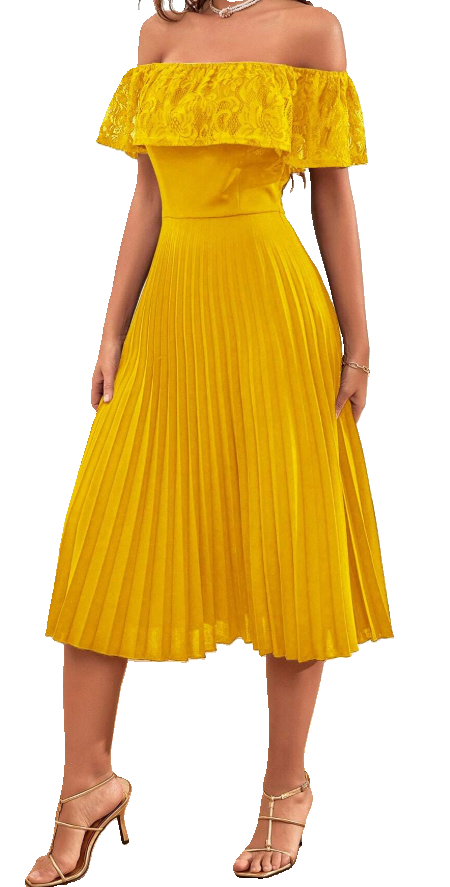 Off Shoulder Pleated Lace Ruffle Overlay A-Line