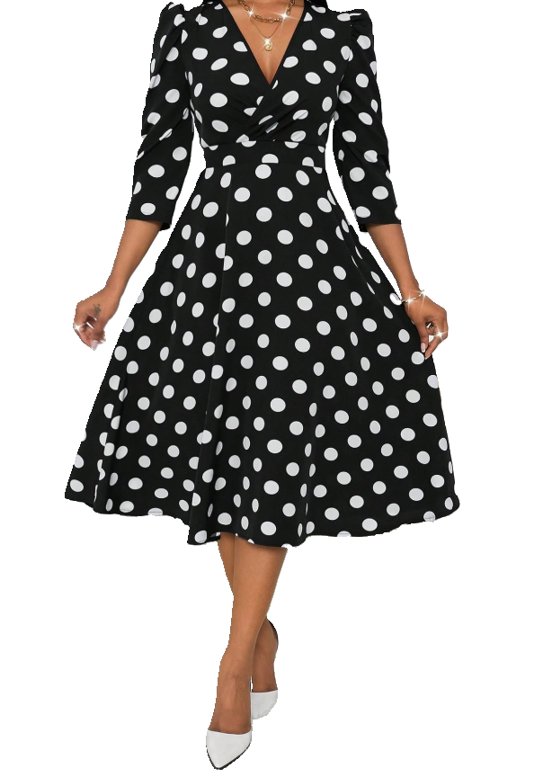 Swing Dress Vintage Style V-Neck 3/4 Sleeve