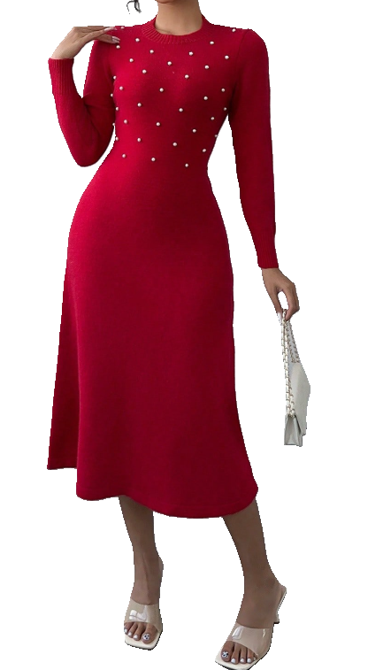Elegant Red Pearl Detail Midi Sweater Dress