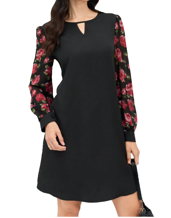 Black Floral Long-Sleeve Dress