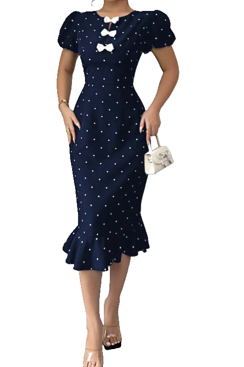 Elegant Navy Polka Dot Dress