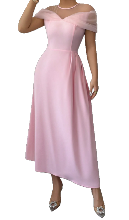 Elegant Mesh Shoulder Pink Evening Dress