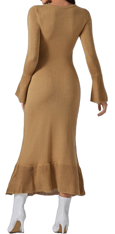 Beige Long Sleeve Knit Cut Out Dress