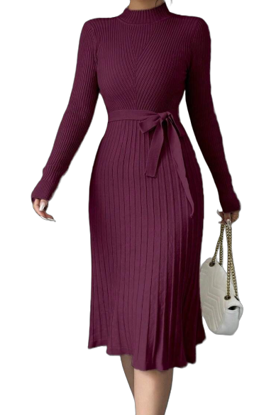 Elegant Ribbed Knit Burgundy Dress