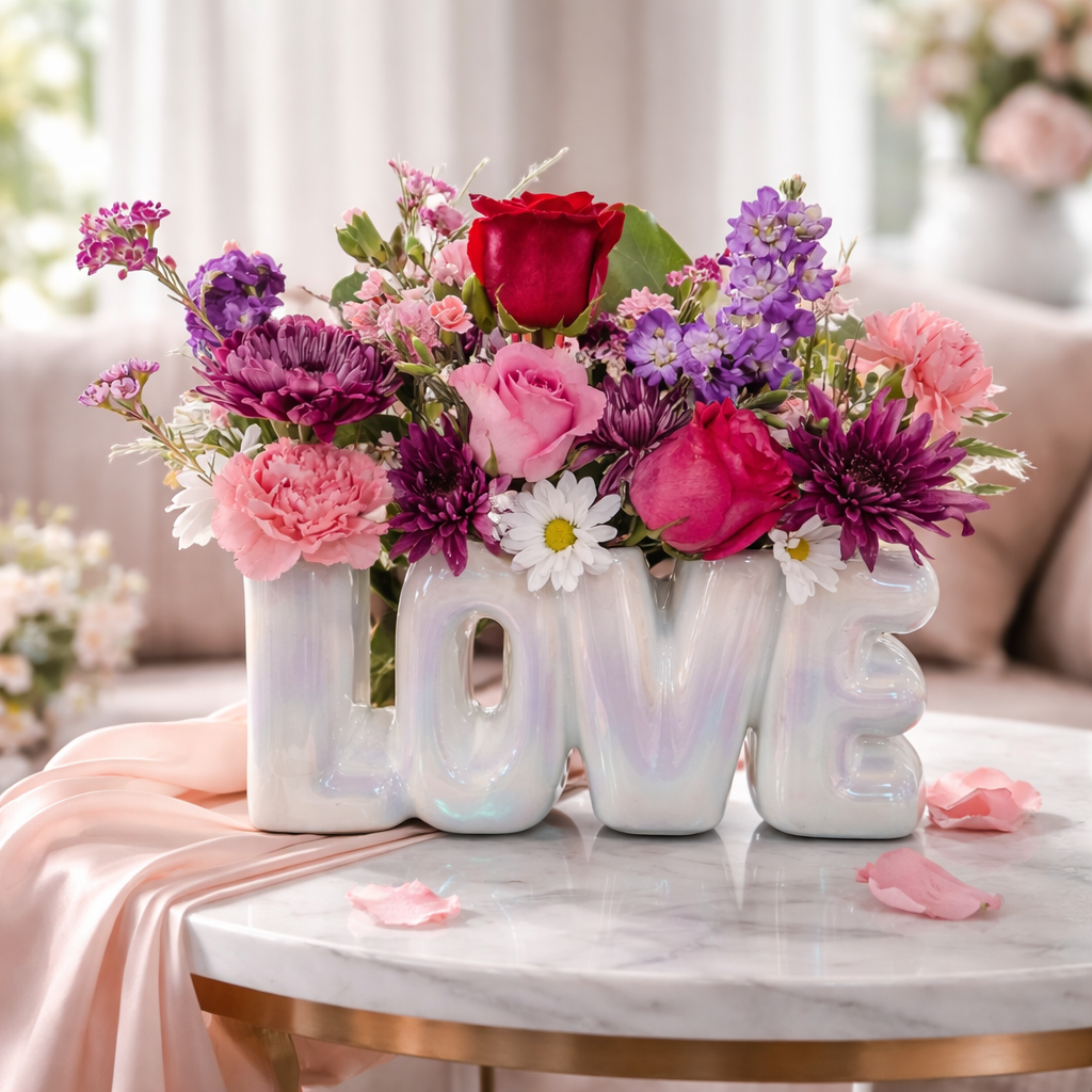 LOVE Ceramic Vase with Premium Floral Arrangement