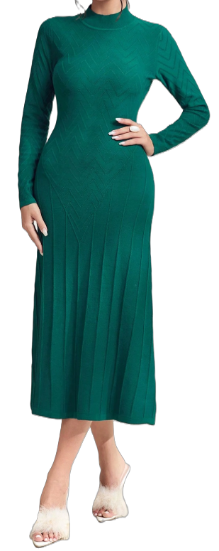 Elegant Green Long Sleeve Knit Dress