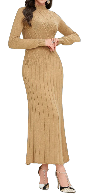 Beige Long Sleeve Knit Dress
