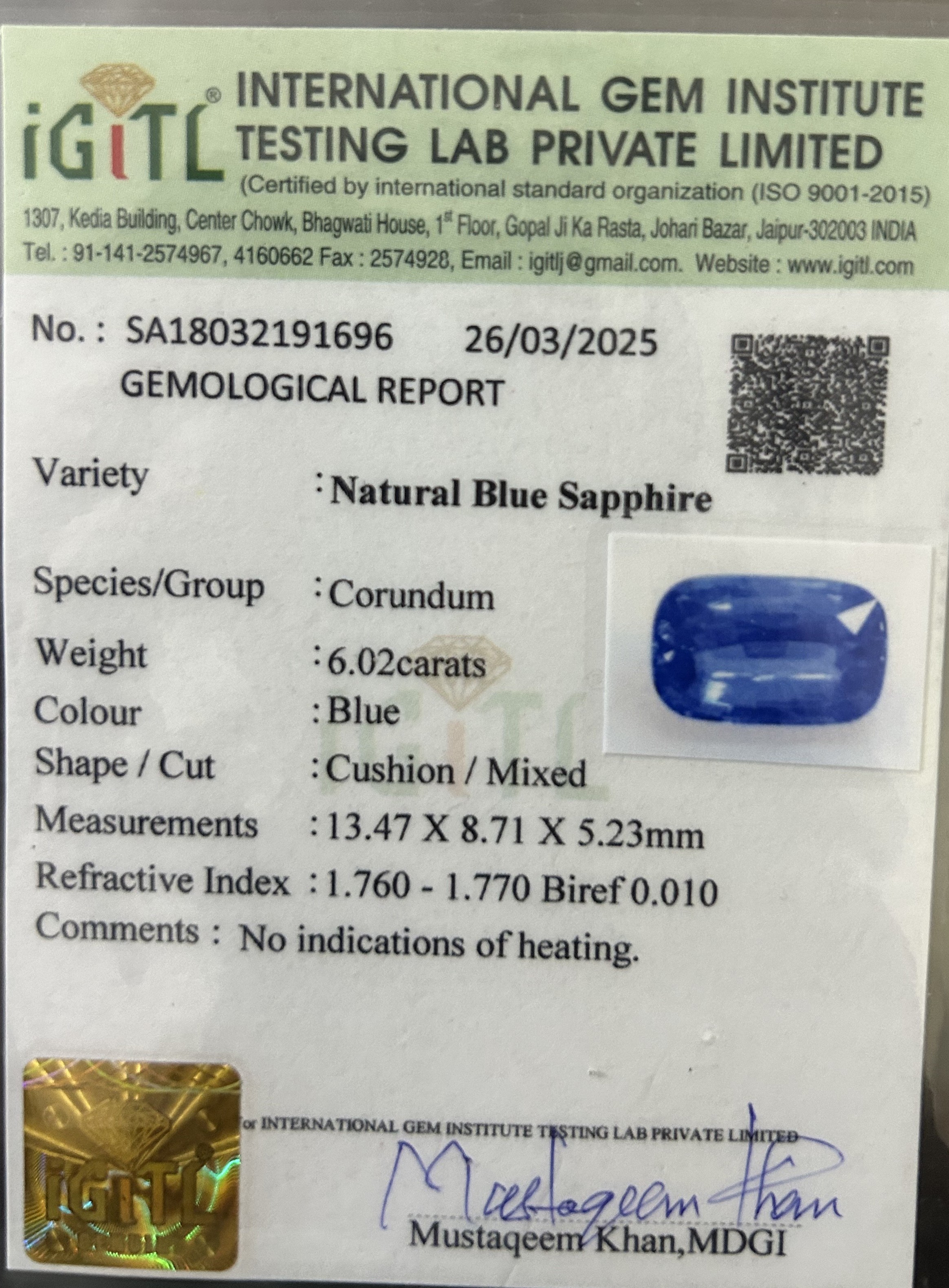 Natural Blue Sapphire 6.02 Carat