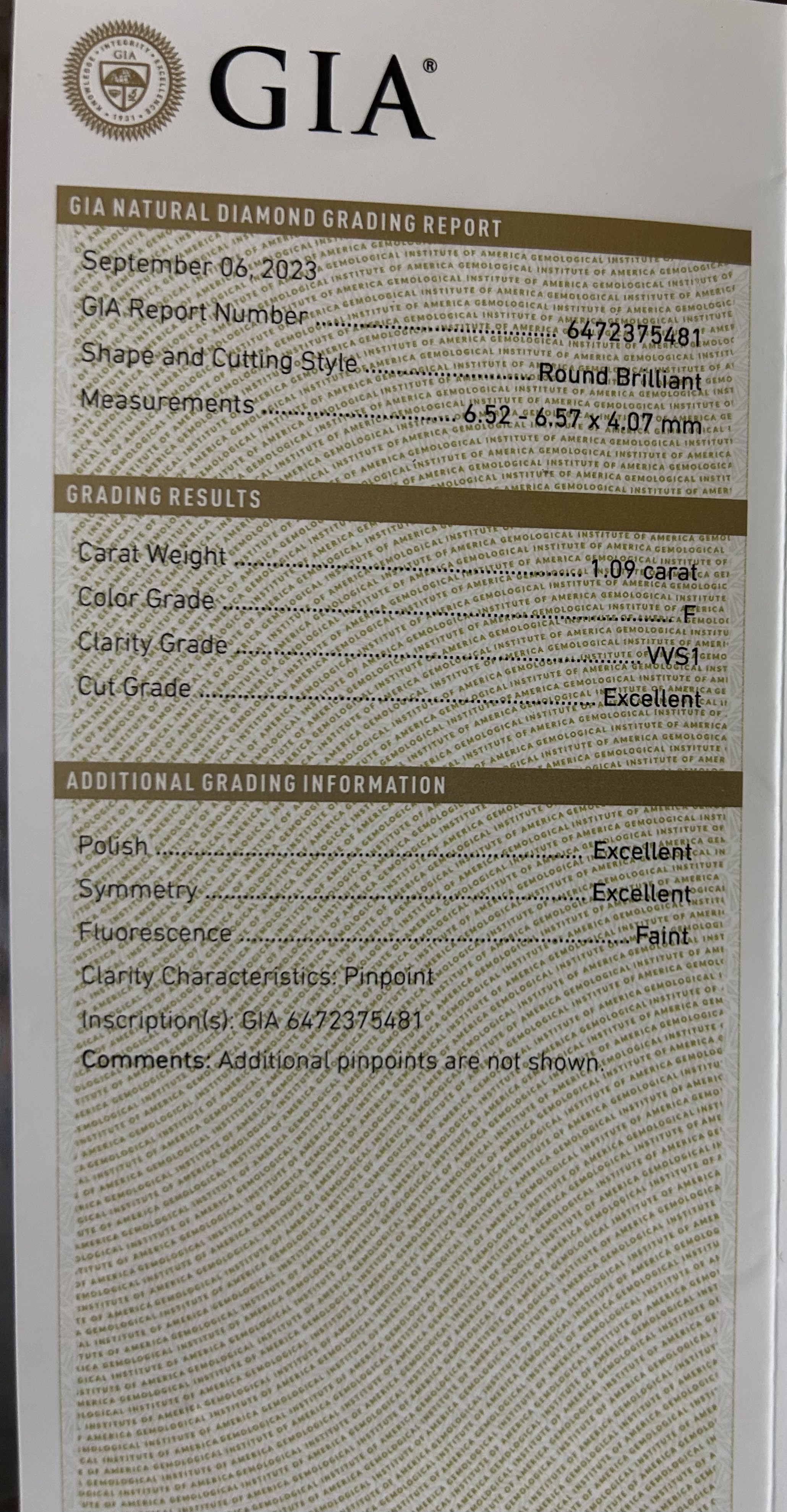 Natural Diamond 1.09 Carat Ring