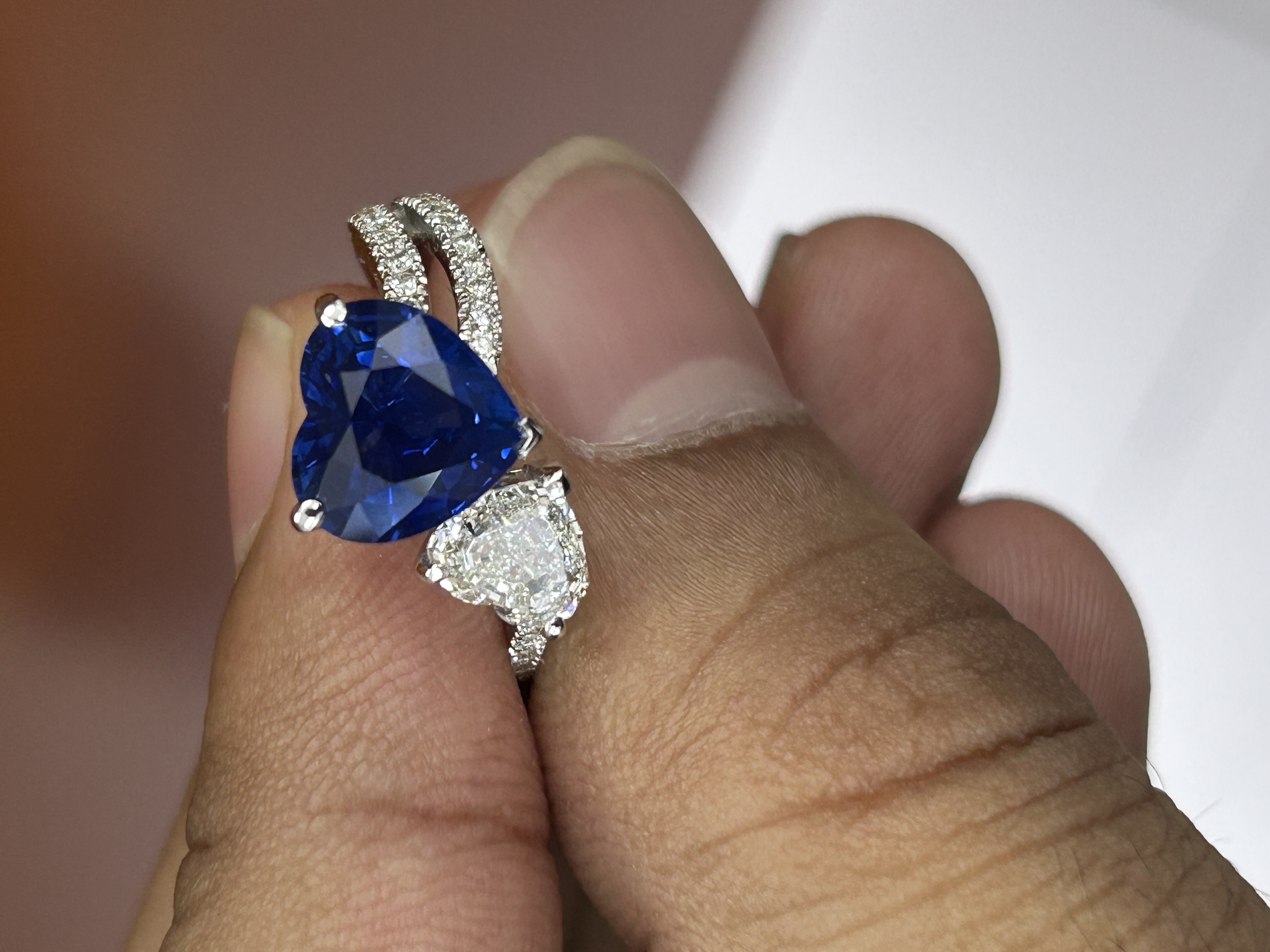 Heart-shaped blue sapphire and diamond ring
