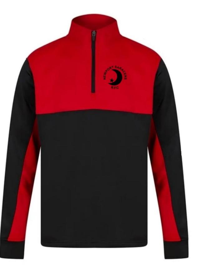 Black and Red Half Zip with Newport Saracens RFC Logo