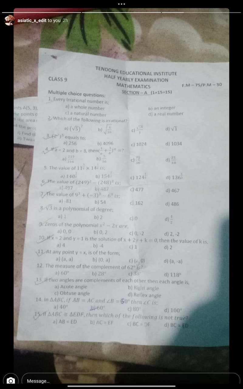 MATHS Cl 9 Ques paper