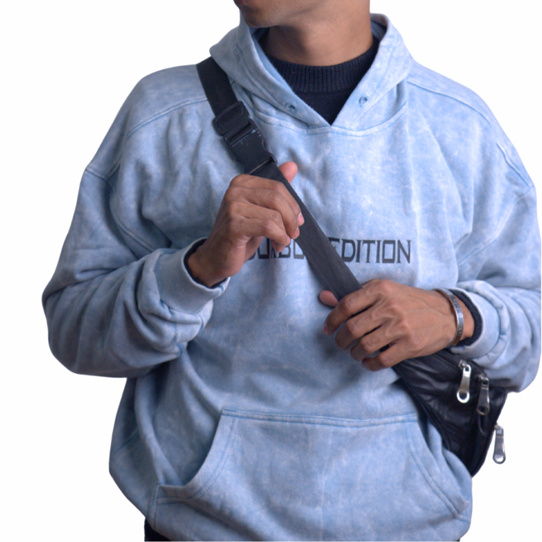 Acid-Wash Cotton Hoodie – Light Blue Edition