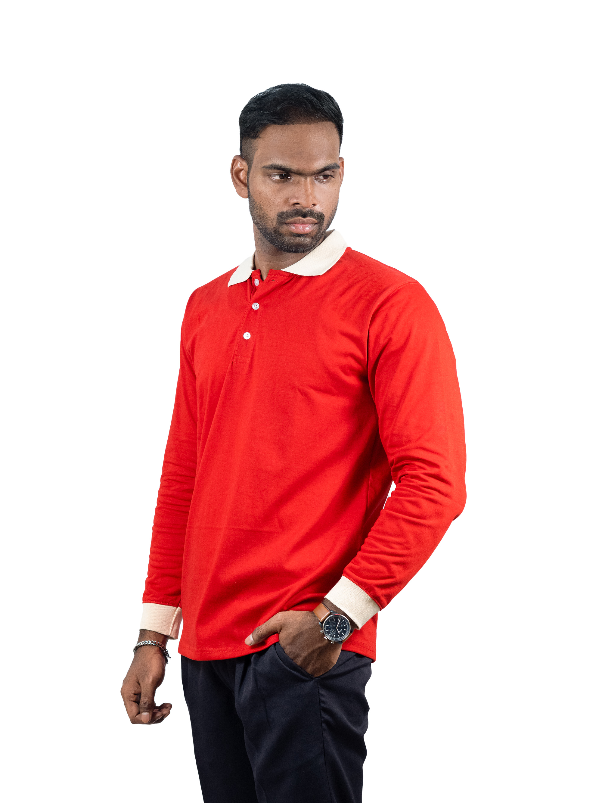  Vintage Contrast Collar Long Sleeve Polo Tee