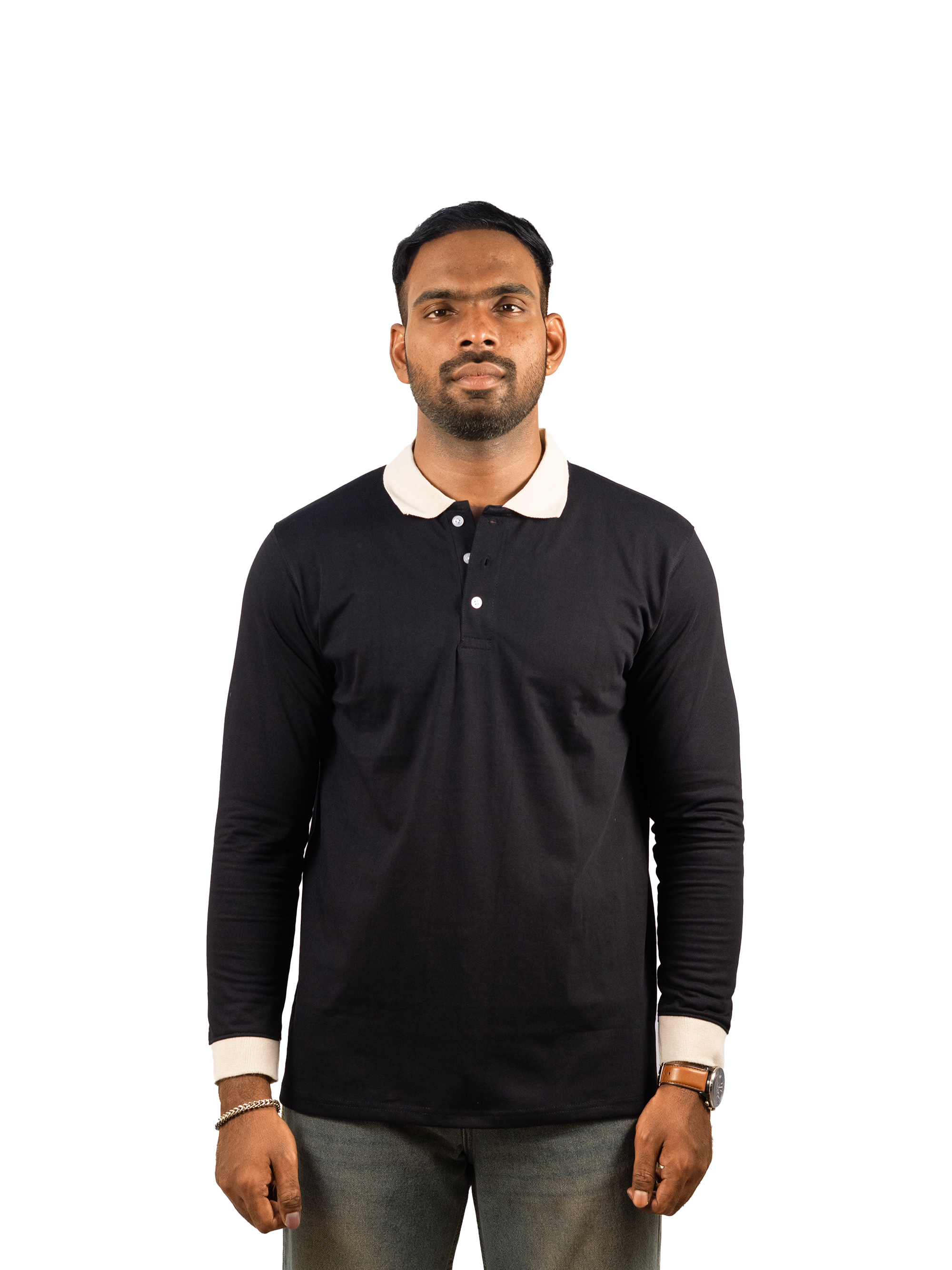 Vintage Contrast Collar Long Sleeve Polo Tee
