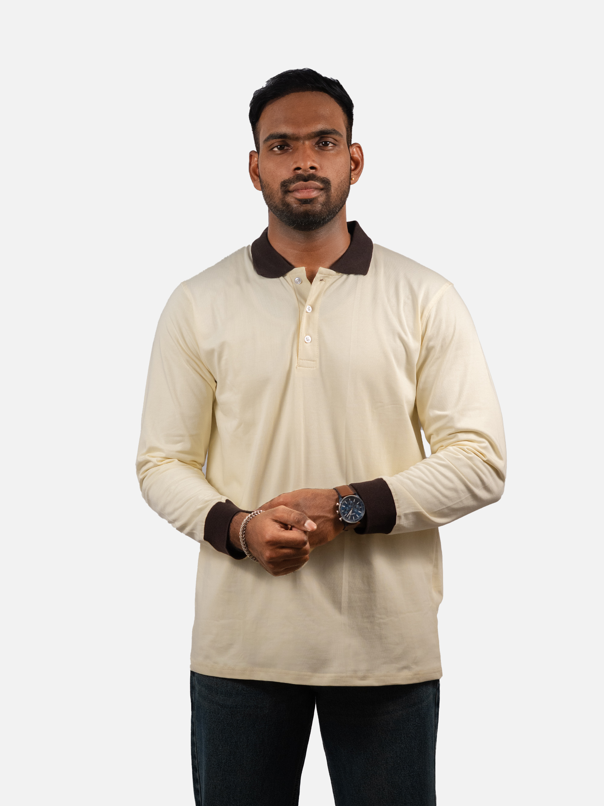 Vintage Contrast Collar Long Sleeve Polo Tee