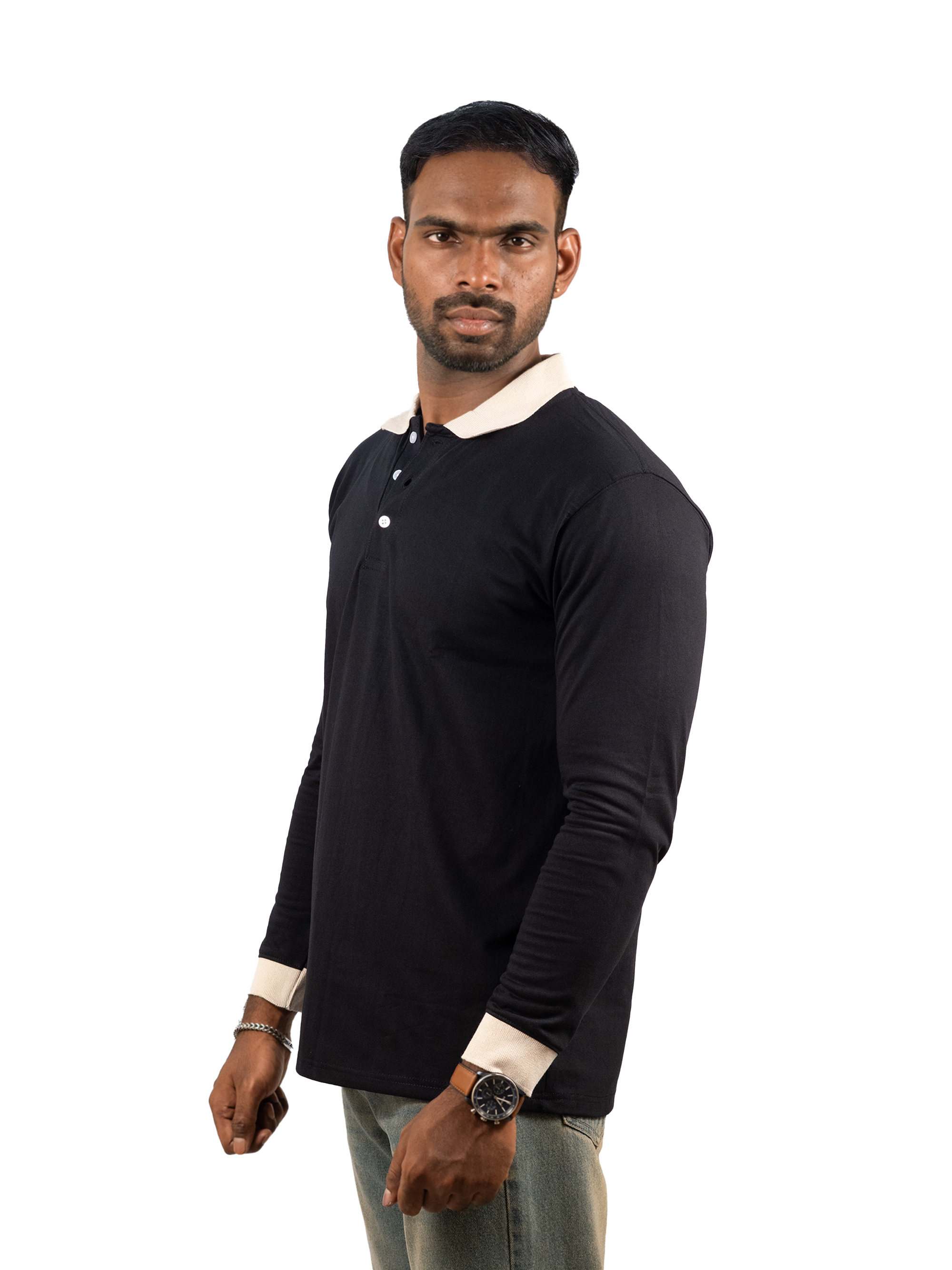 Vintage Contrast Collar Long Sleeve Polo Tee