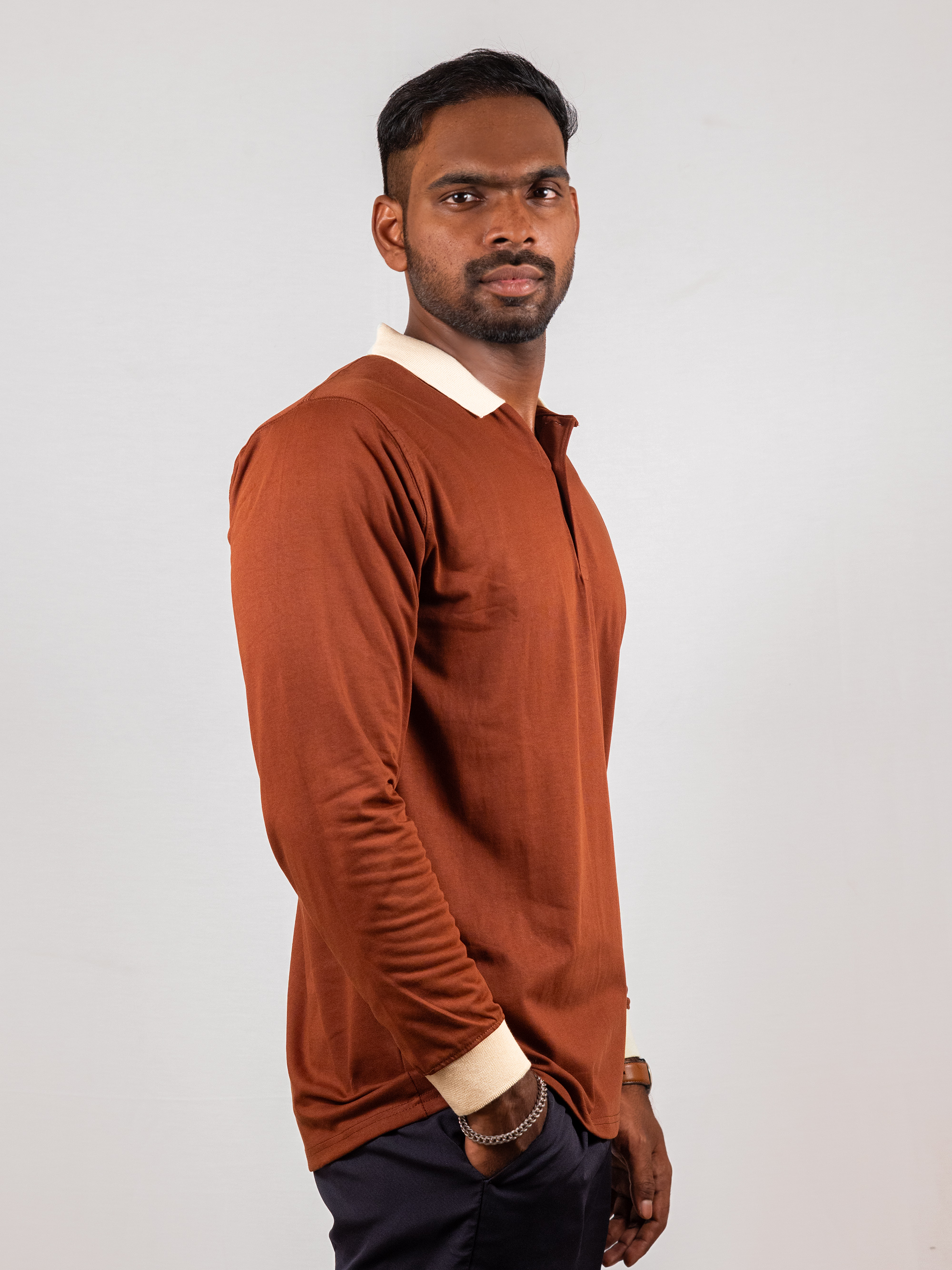  Vintage Contrast Collar Long Sleeve Polo Tee