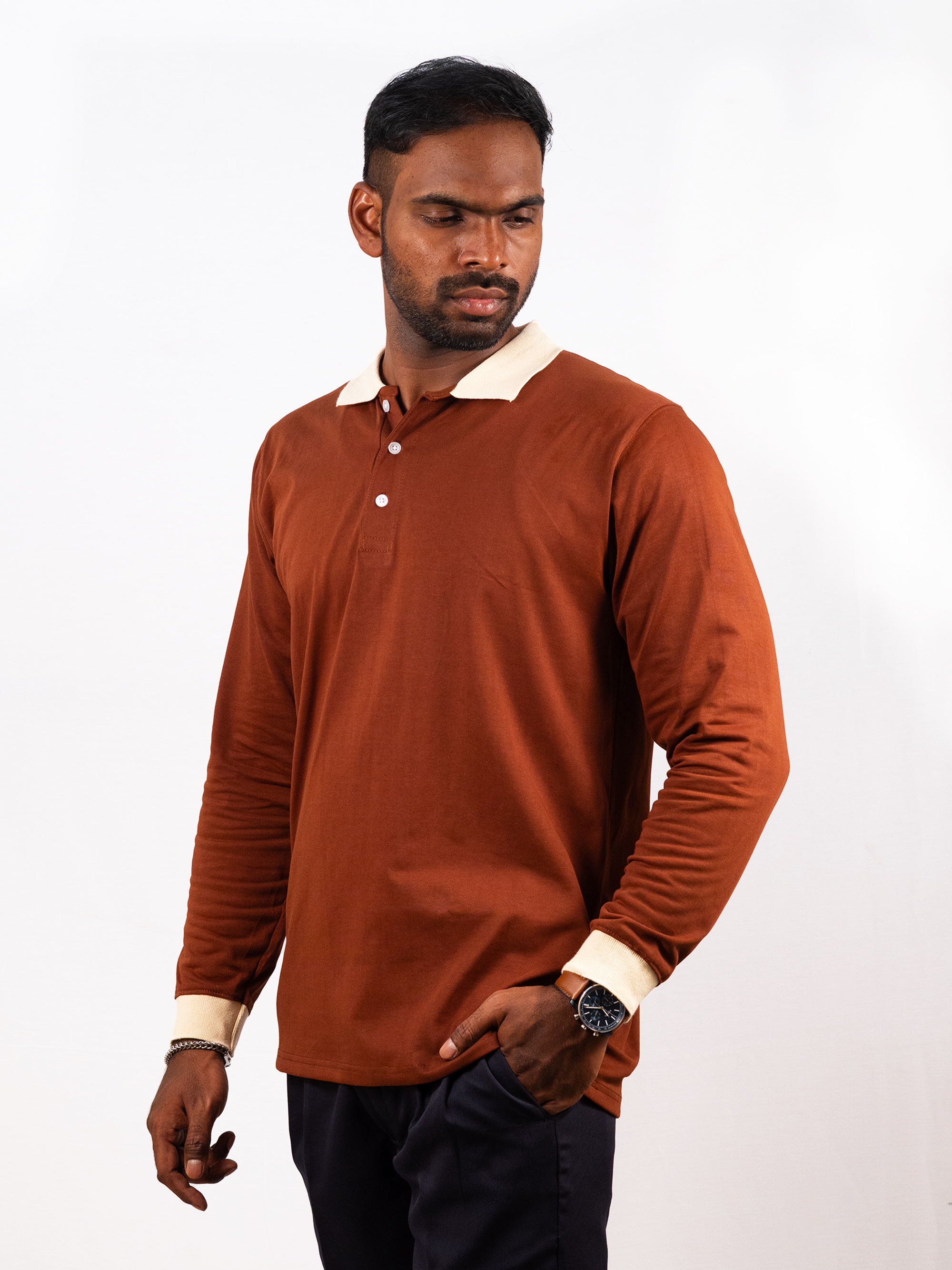  Vintage Contrast Collar Long Sleeve Polo Tee
