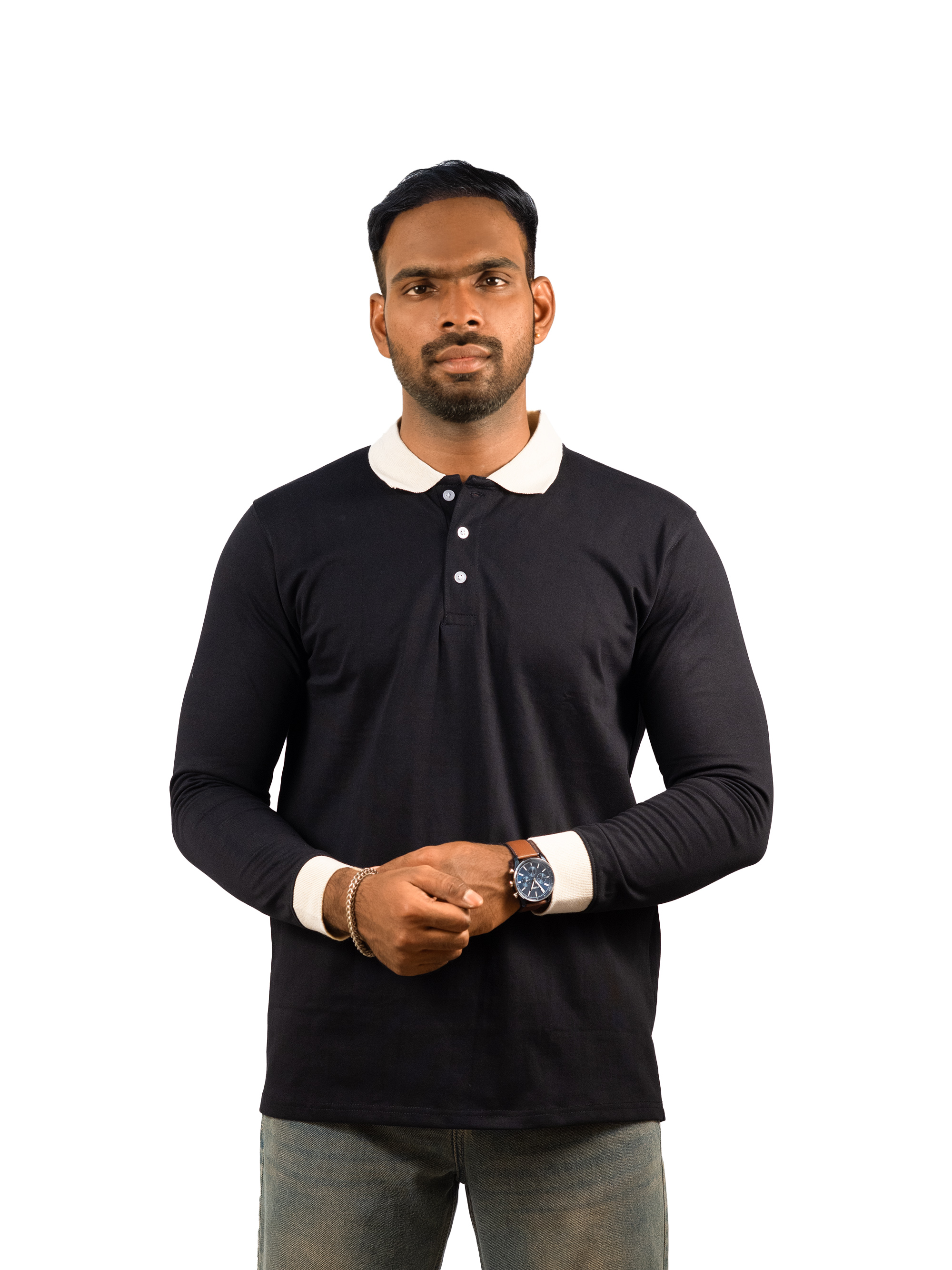 Vintage Contrast Collar Long Sleeve Polo Tee