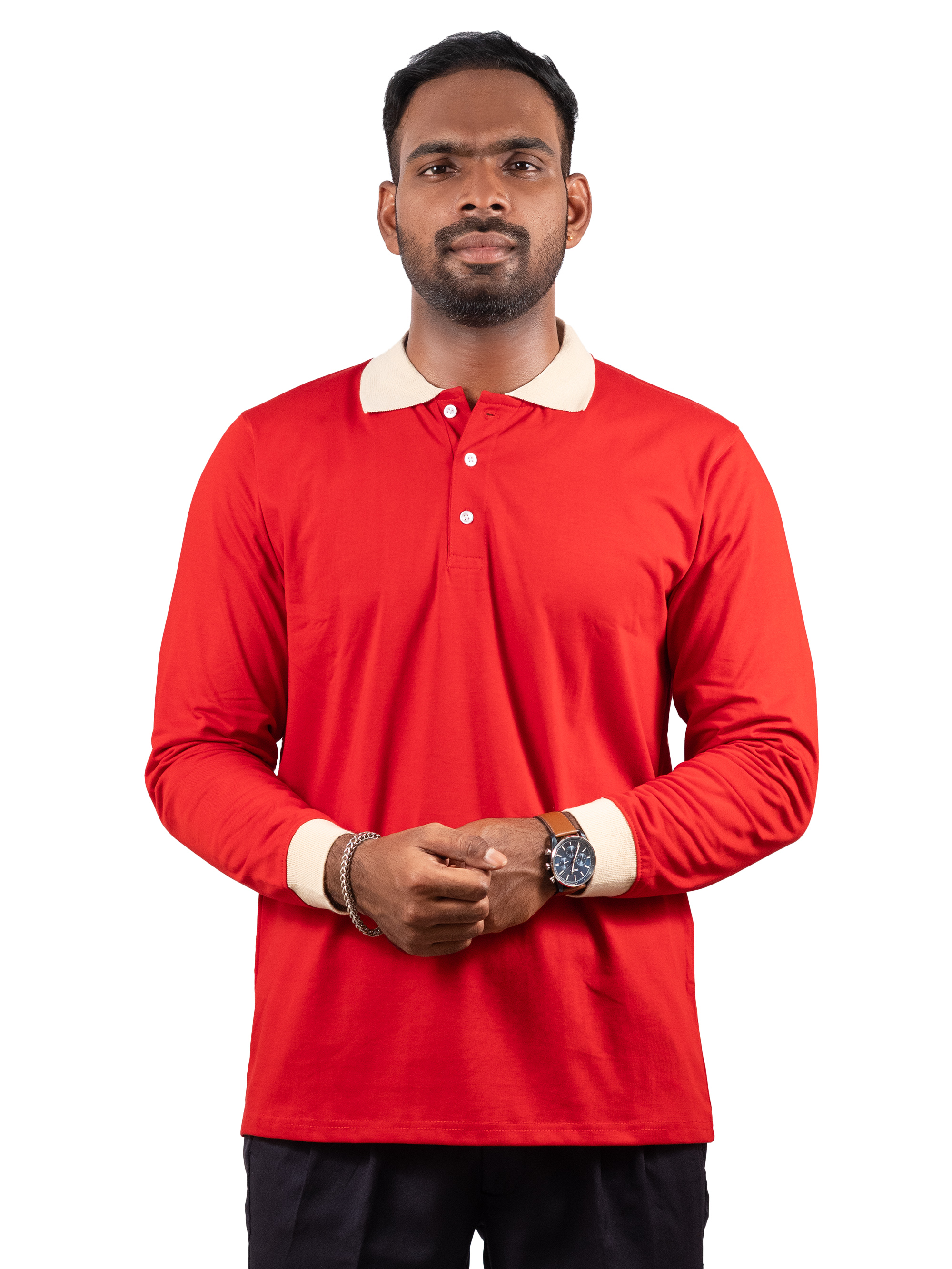  Vintage Contrast Collar Long Sleeve Polo Tee
