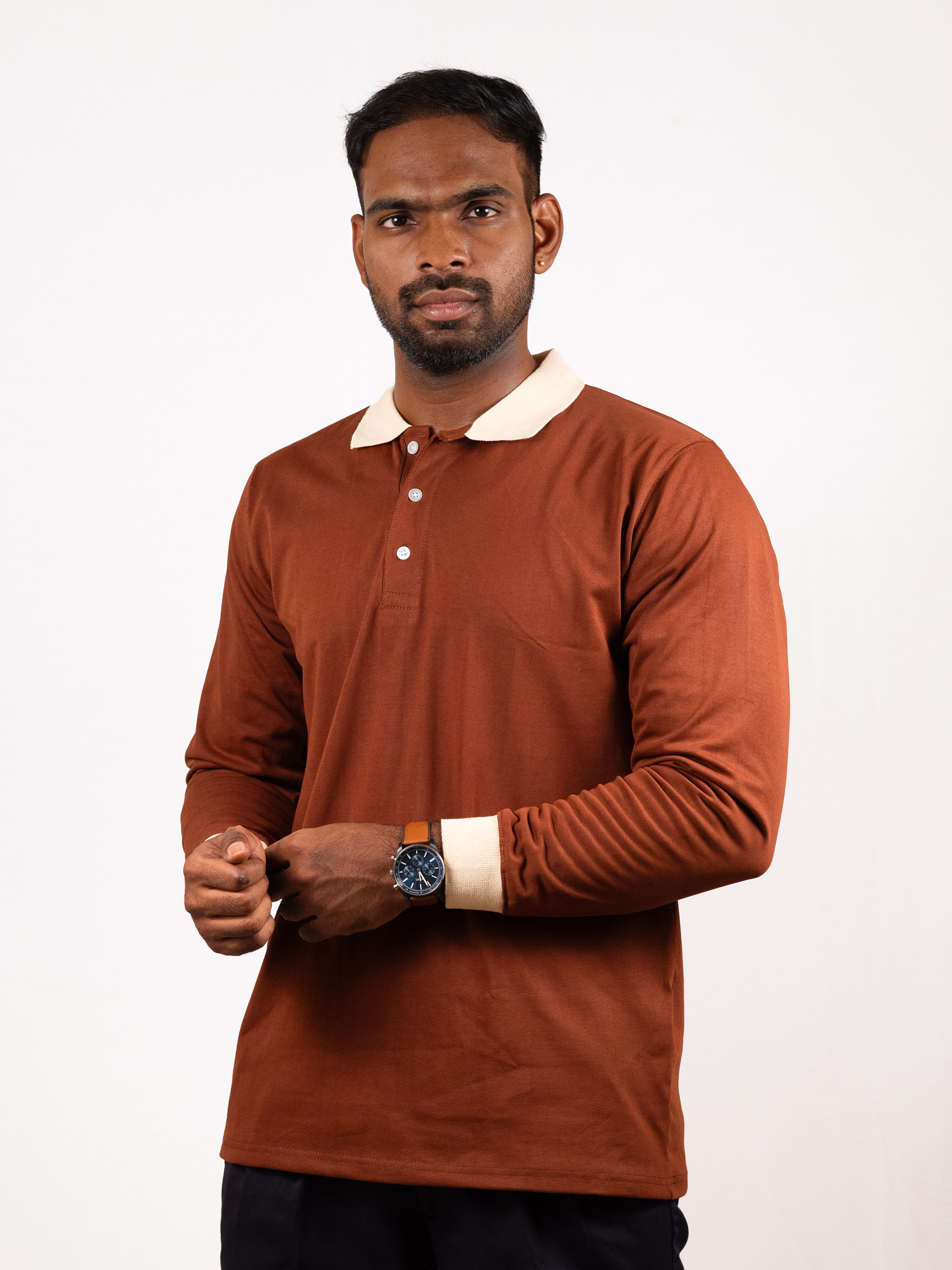 Vintage Contrast Collar Long Sleeve Polo Tee