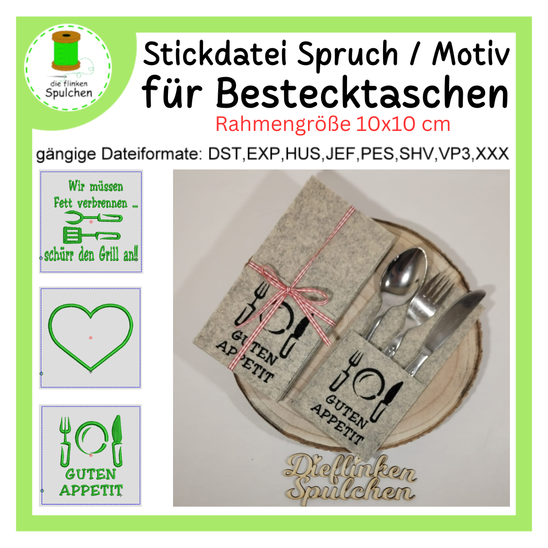 Stickdatei Motive / Text für Bestecktaschen