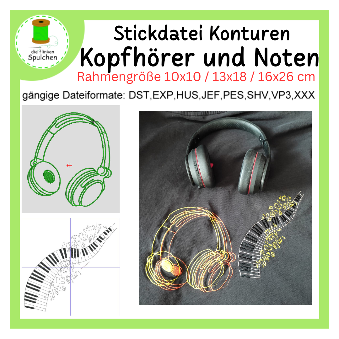 Stickdatei Konturen und Vollstick Kopfhörer und Tasten+Noten