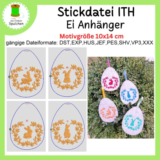 Stickdatei ITH Eier Aufhänger mit Hase filigran