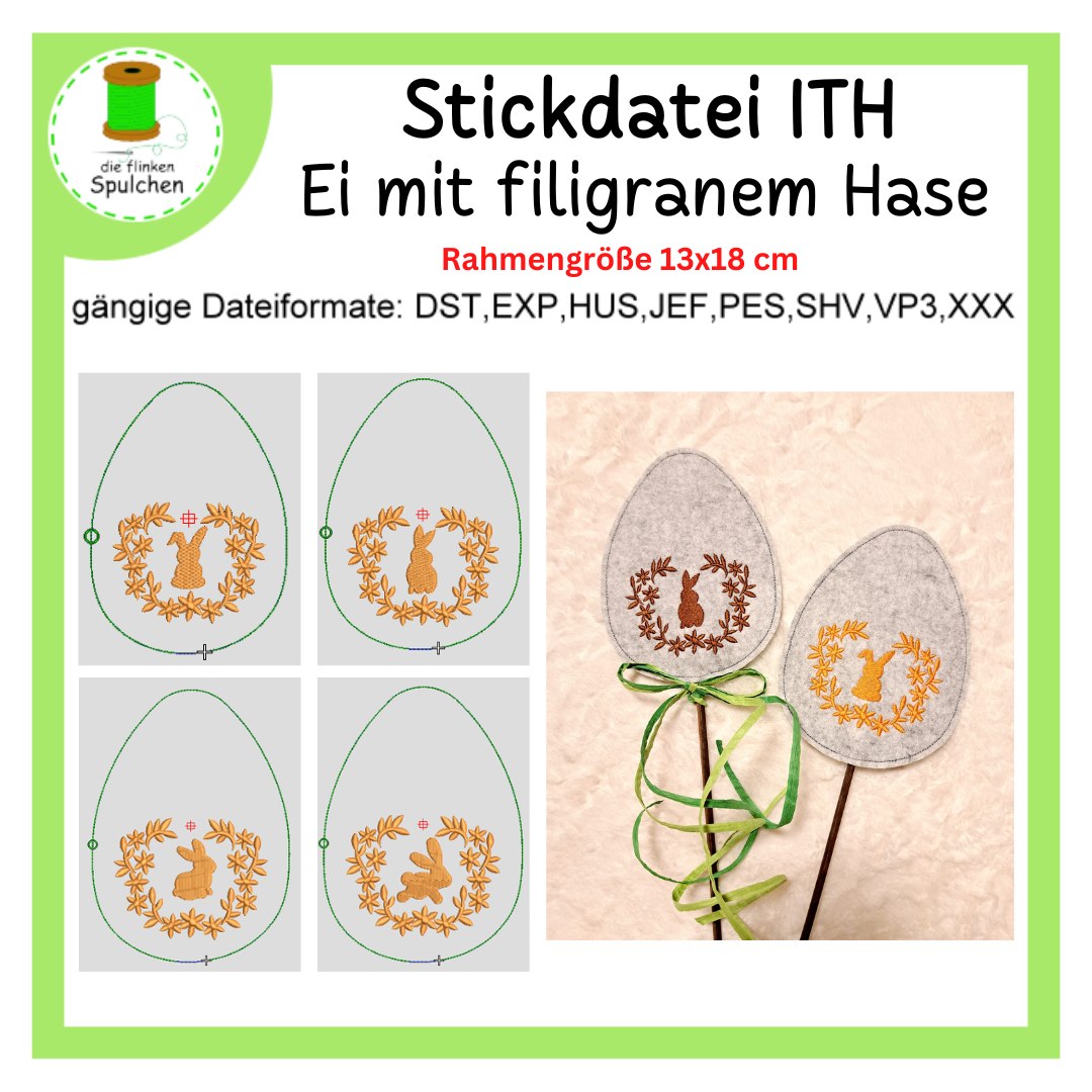 Stickdatei ITH Eier Stecker mit Hase filigran