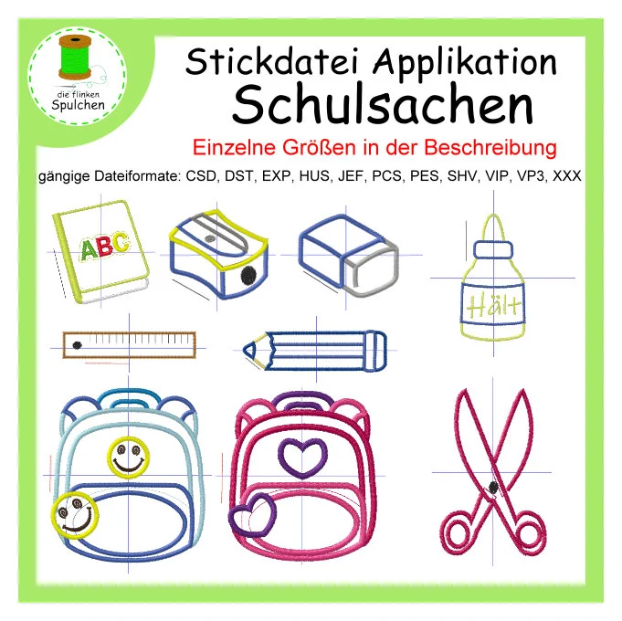 Stickdatei Applikation Schulsachen