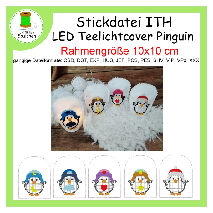 Stickdatei ITH LED - Teelicht Cover Pinguine