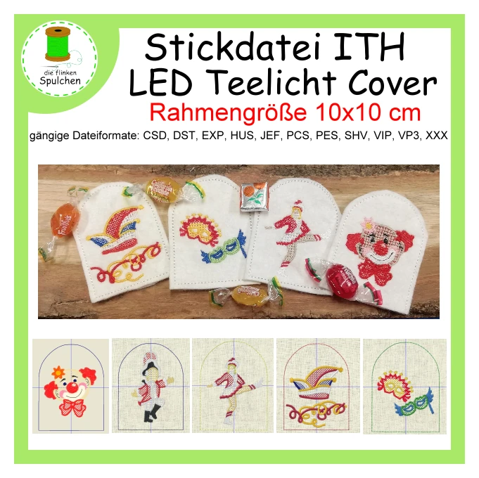 Stickdatei ITH LED Teelicht Cover Karneval / Fasching