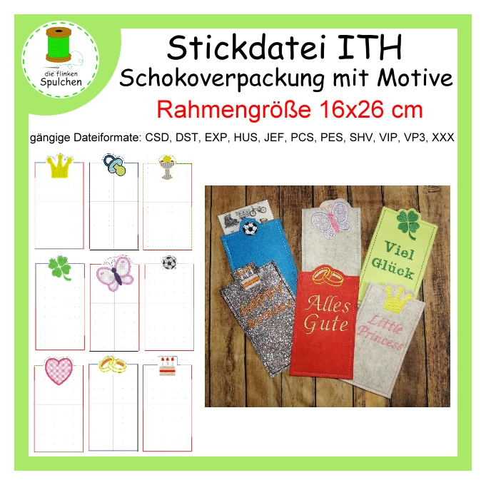 Stickdatei ITH Schokohüllen mit Motiven