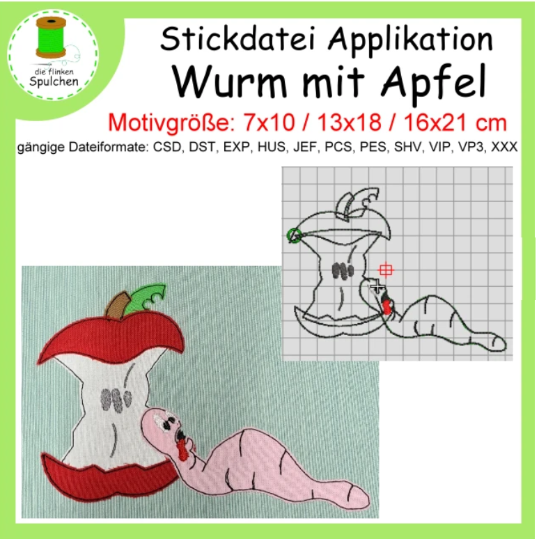 Stickdatei Applikation Wurm mit Apfel