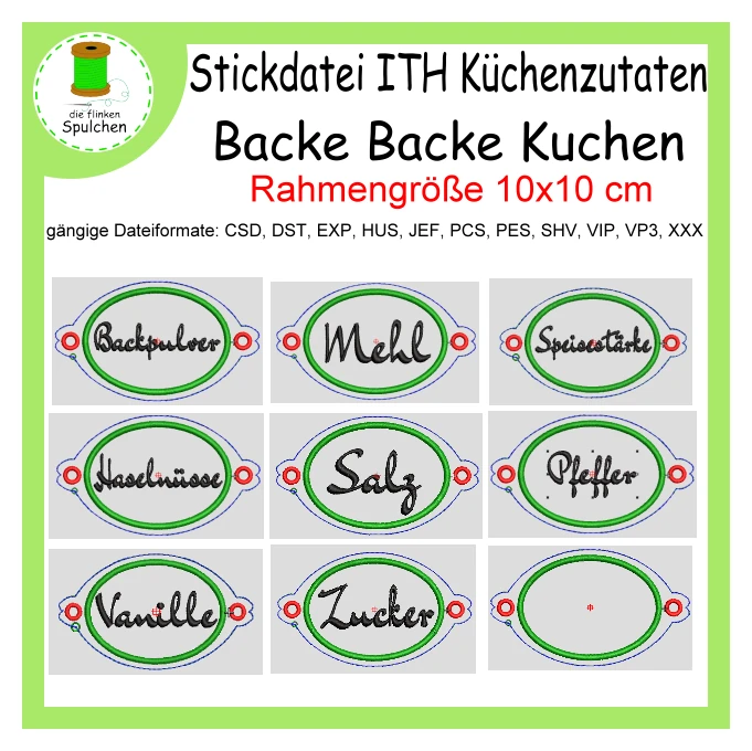 Stickdatei ITH Küchenzutaten, Backzutaten Schilder