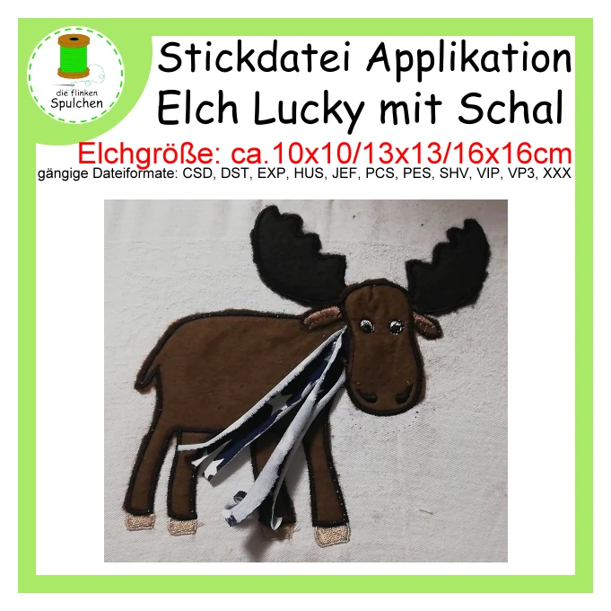 Stickdatei Applikation Elch Lucky mit Schal
