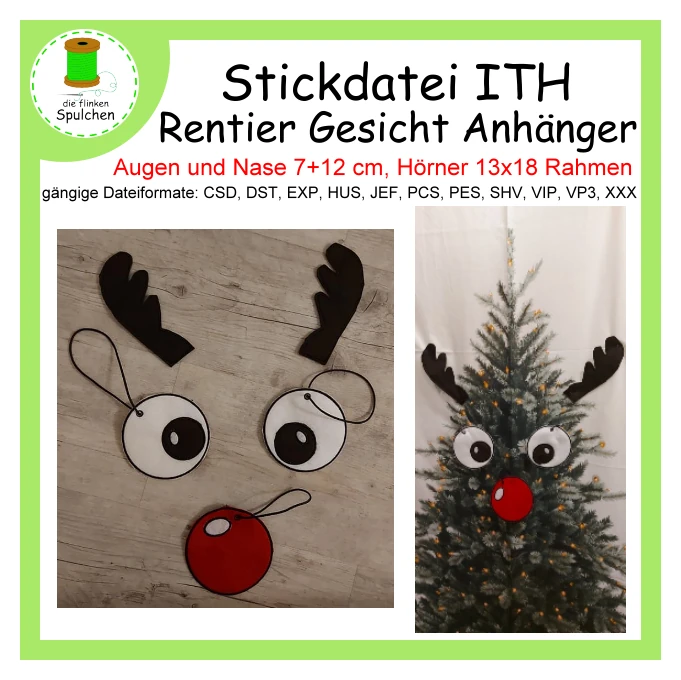 Stickdatei ITH / Appli Rentier Gesicht Anhänger Kurt