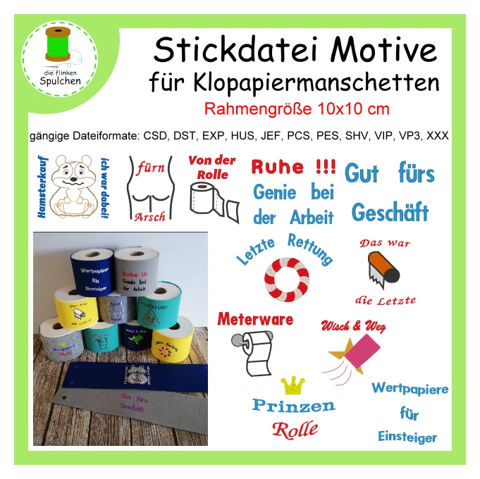 Stickdatei Texte für Klopapiermanschetten