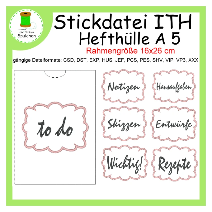 Stickdatei ITH Heft Hülle Set A5 Einschubhüllen