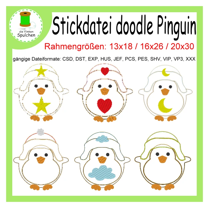 Stickdatei doodle Applikation Pinguin