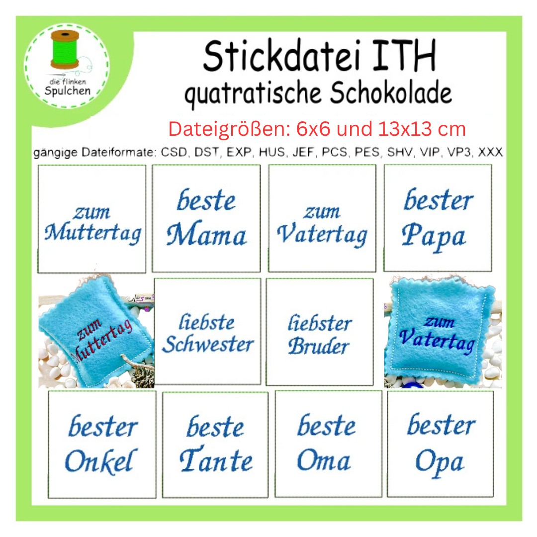 Stickdatei ITH quadratische Schoko Verpackung Familie