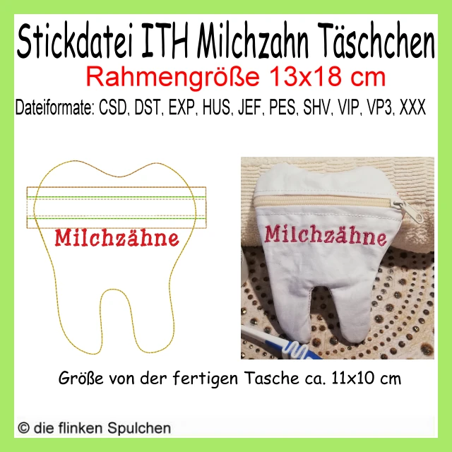 Stickdatei ITH Milch Zahn Tasche