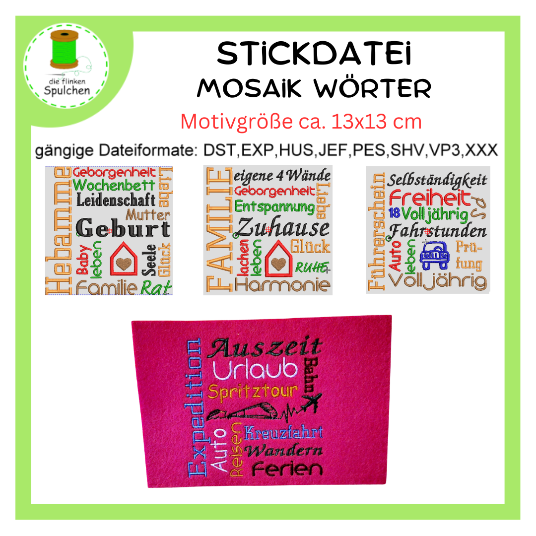 Stickdatei Spruch Mosaik Wörter