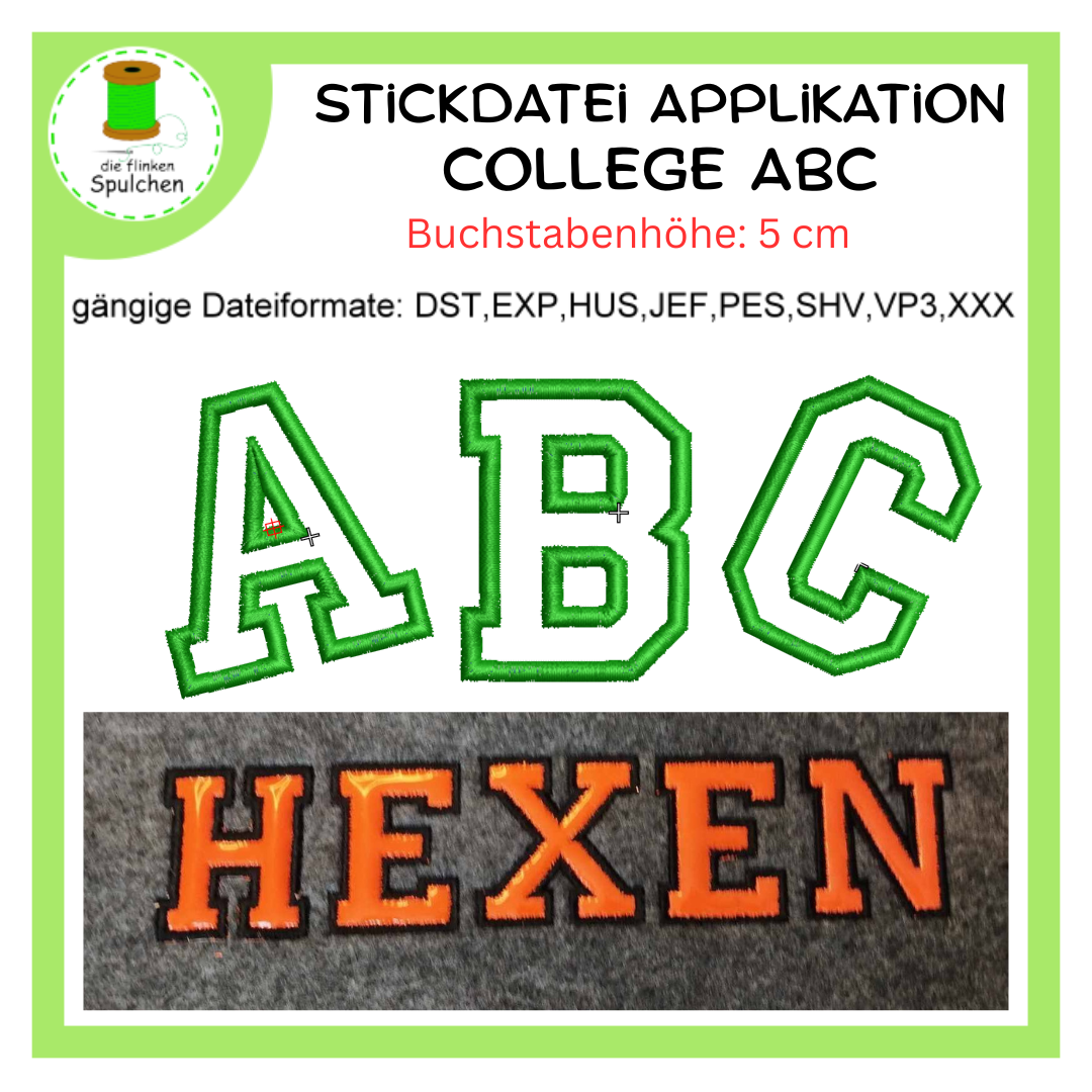 Stickdatei Applikation College Buchstaben / ABC / Alphabet