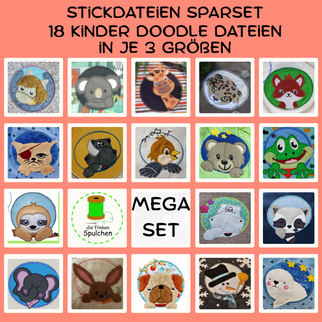 🎉 MEGA SET – 18 Doodle-Tiergesichter in 3 Größen! 🧵